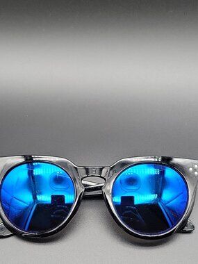Men's Round Sunglasses Black Plastic Frame Blue Mirrored Lens Lightweight 5-3/4"